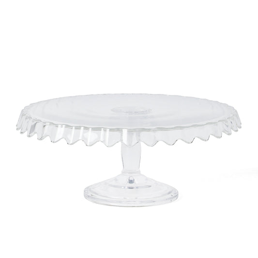 Martha Stewart Watercrest Glass Cake Stand, 10.2 Inch Footed Pedestal Cake Plate with Scalloped Ruffled Edge, Clear Handmade Glassware