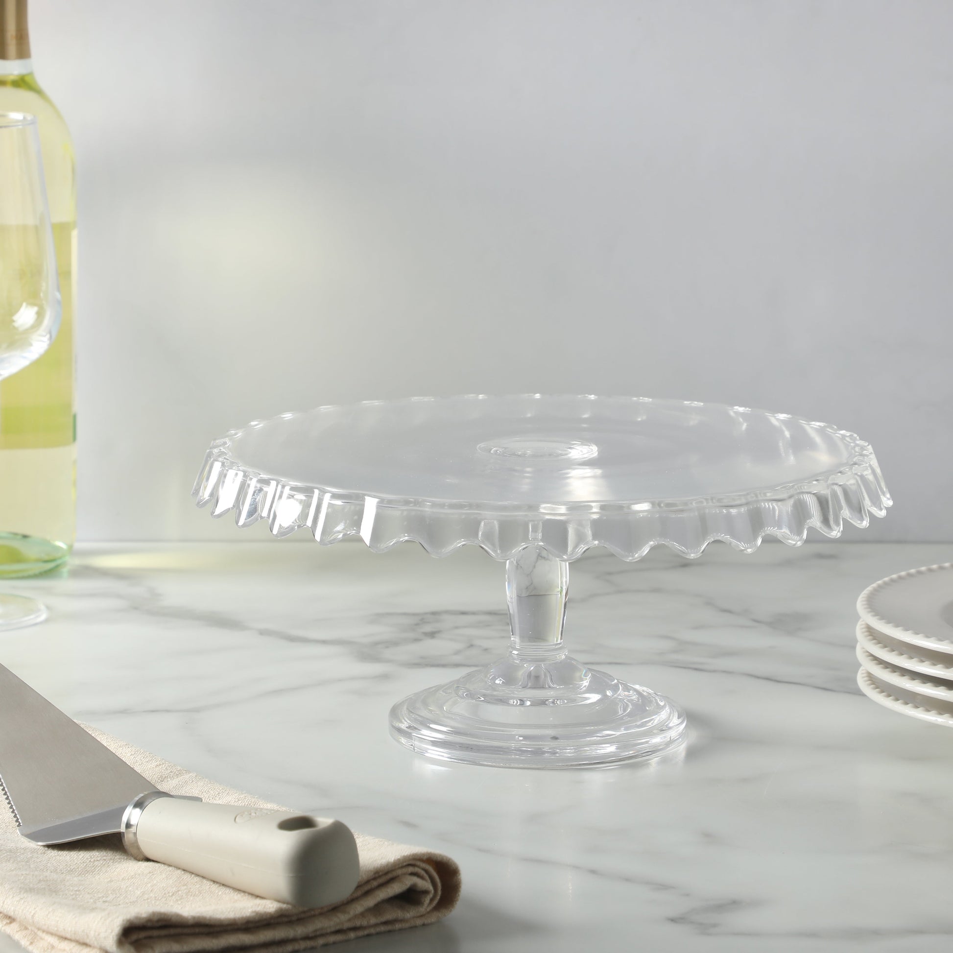 Martha Stewart Watercrest Glass Cake Stand, 10.2 Inch Footed Pedestal Cake Plate with Scalloped Ruffled Edge, Clear Handmade Glassware