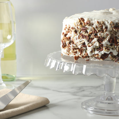Martha Stewart Watercrest Glass Cake Stand, 10.2 Inch Footed Pedestal Cake Plate with Scalloped Ruffled Edge, Clear Handmade Glassware