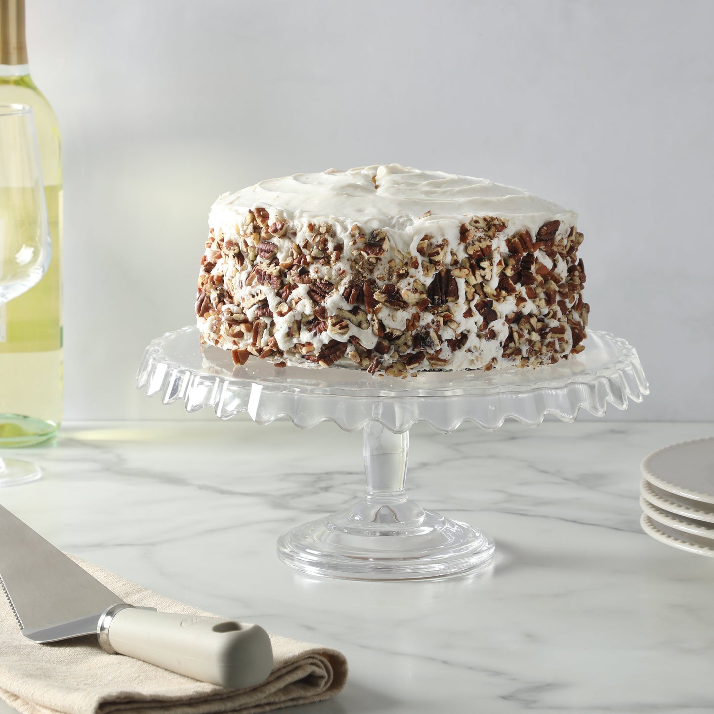 Martha Stewart Watercrest Glass Cake Stand, 10.2 Inch Footed Pedestal Cake Plate with Scalloped Ruffled Edge, Clear Handmade Glassware