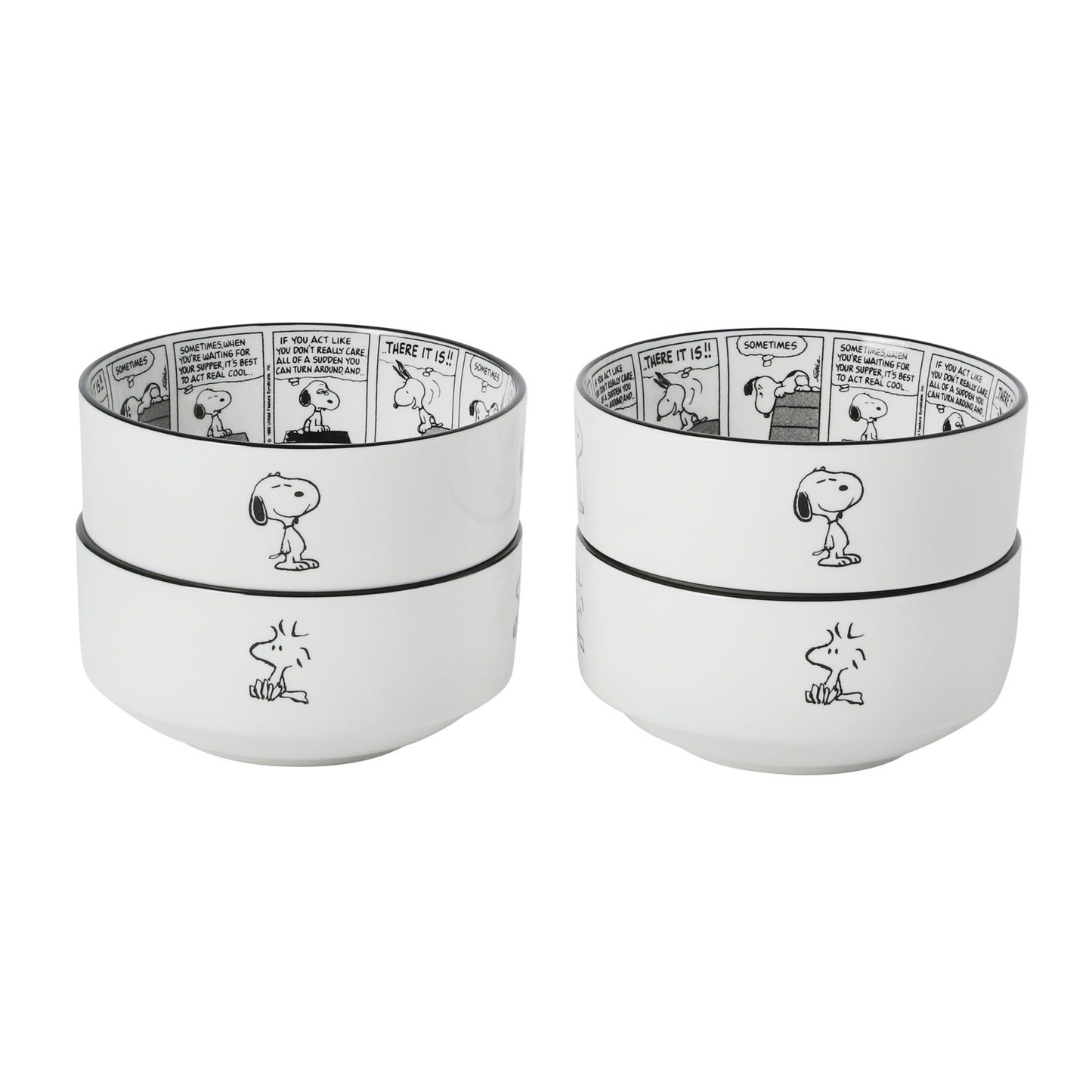 Peanuts Snoopy Cereal Bowls, Set of 4, 4.5-Inch Porcelain Snack Bowls for Ice Cream and Dessert, Sunday Comic Strip Design with Snoopy and Woodstock