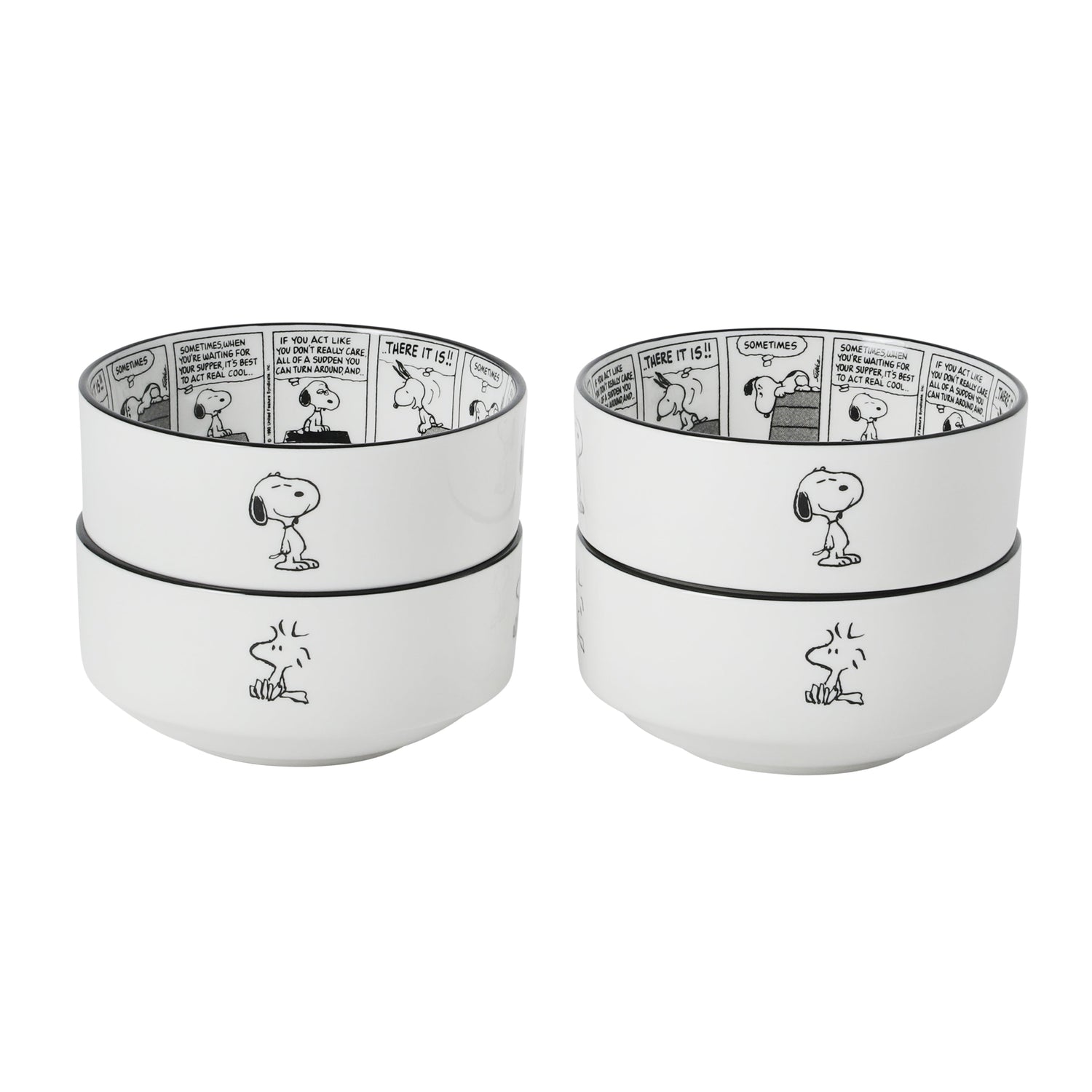 Peanuts Snoopy Cereal Bowls, Set of 4, 4.5-Inch Porcelain Snack Bowls for Ice Cream and Dessert, Sunday Comic Strip Design with Snoopy and Woodstock