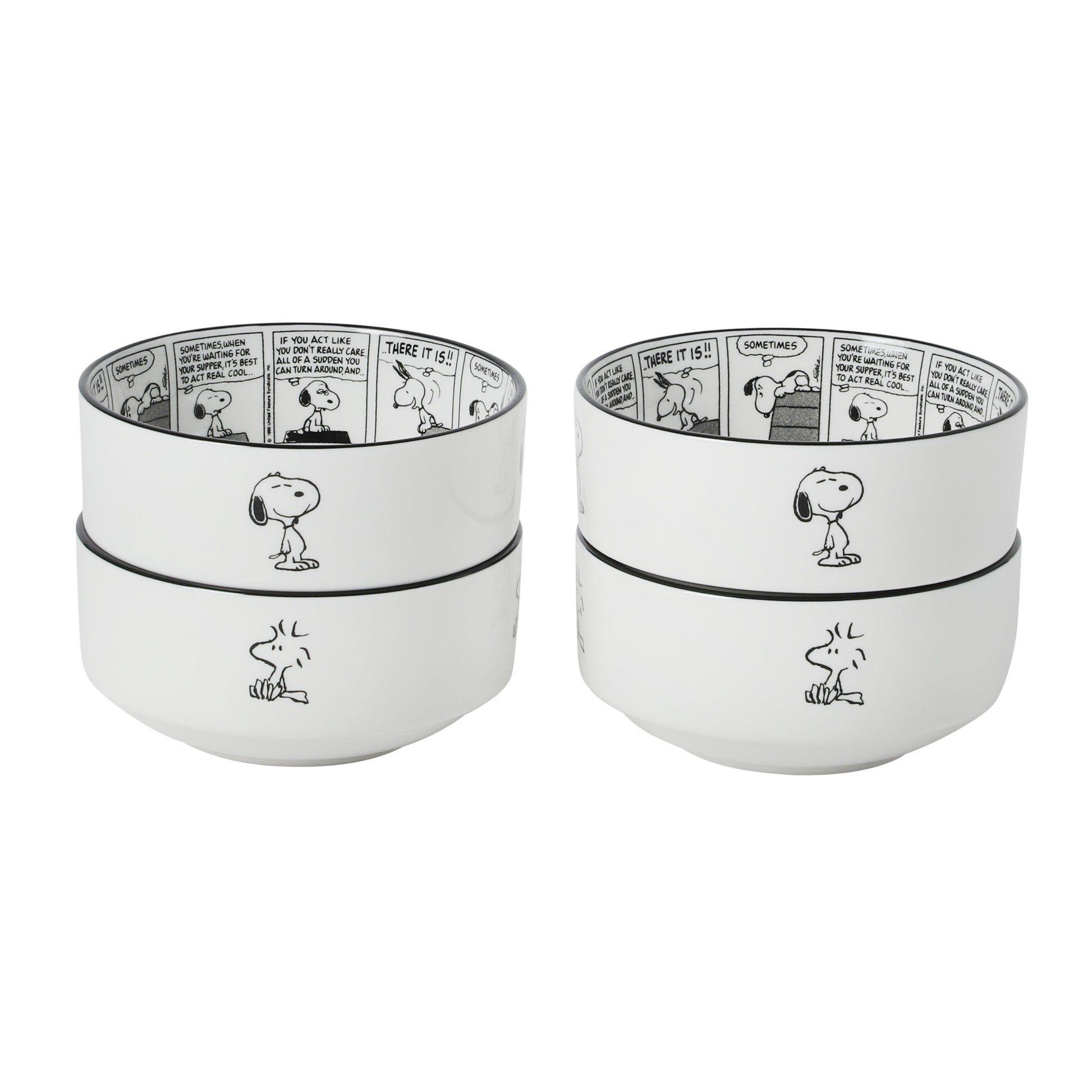 Peanuts Snoopy Cereal Bowls, Set of 4, 4.5-Inch Porcelain Snack Bowls for Ice Cream and Dessert, Sunday Comic Strip Design with Snoopy and Woodstock
