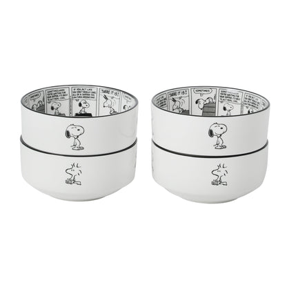 Peanuts Snoopy Cereal Bowls, Set of 4, 4.5-Inch Porcelain Snack Bowls for Ice Cream and Dessert, Sunday Comic Strip Design with Snoopy and Woodstock
