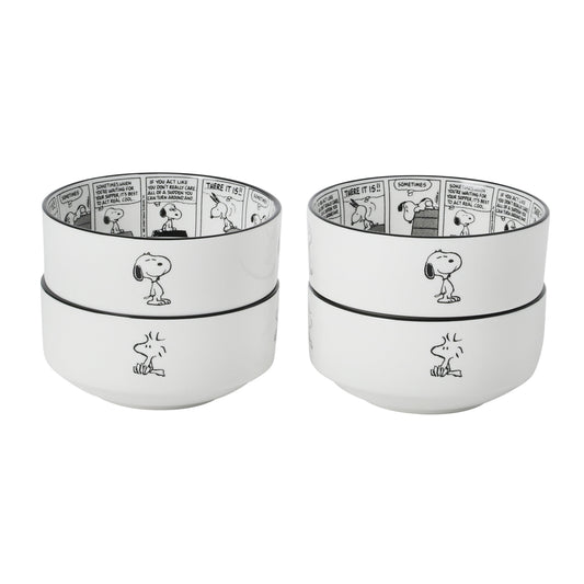 Peanuts Snoopy Cereal Bowls, Set of 4, 4.5-Inch Porcelain Snack Bowls for Ice Cream and Dessert, Sunday Comic Strip Design with Snoopy and Woodstock