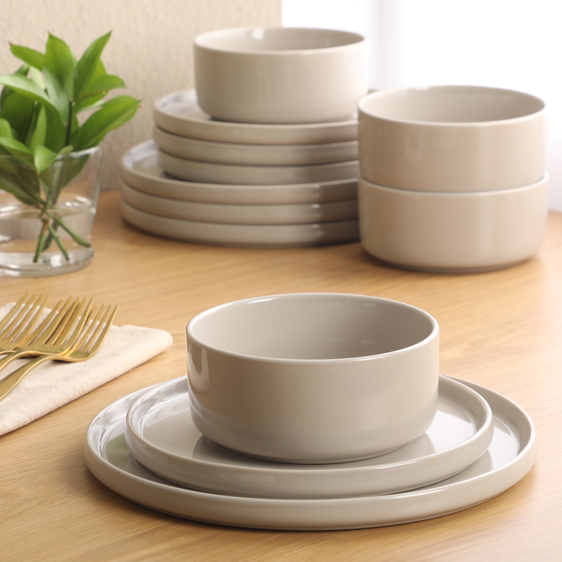 Gibson Elite Moonstone 12 Piece Modern Stoneware Dinnerware Set for 4, Grey Plates and Bowls Set, Dinner Plates, Salad Plates, Bowls
