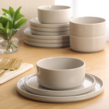 Gibson Elite Moonstone 12 Piece Modern Stoneware Dinnerware Set for 4, Grey Plates and Bowls Set, Dinner Plates, Salad Plates, Bowls