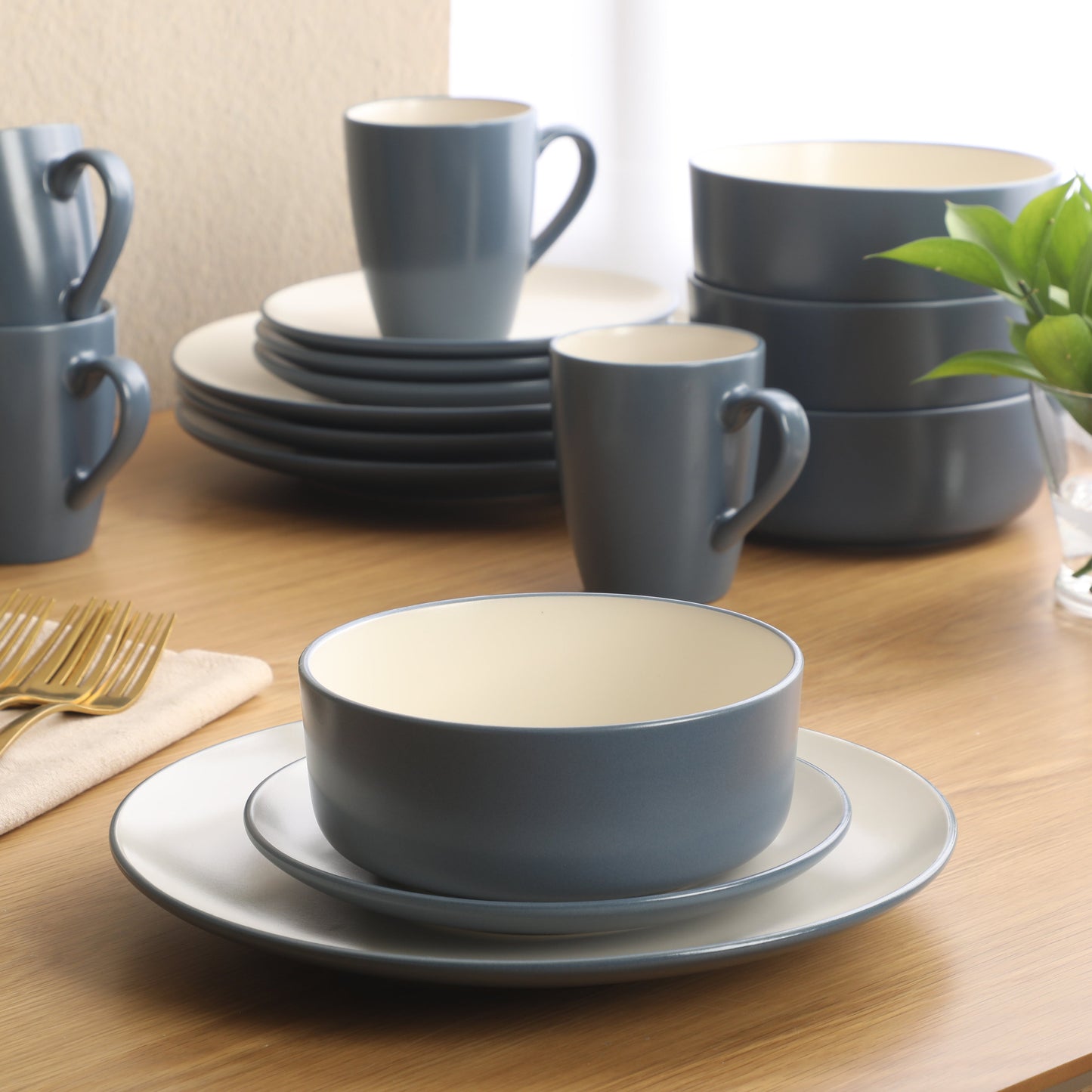 Gibson Elite Oxford Blue Plates and Bowls Sets, 16 Piece Stoneware Dinnerware Sets for 4, Dinner Plates Dessert Plates Bowls Mugs