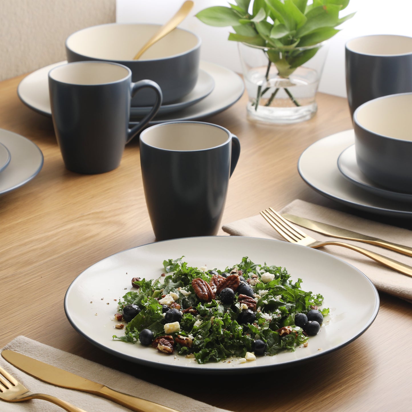 Gibson Elite Oxford Blue Plates and Bowls Sets, 16 Piece Stoneware Dinnerware Sets for 4, Dinner Plates Dessert Plates Bowls Mugs