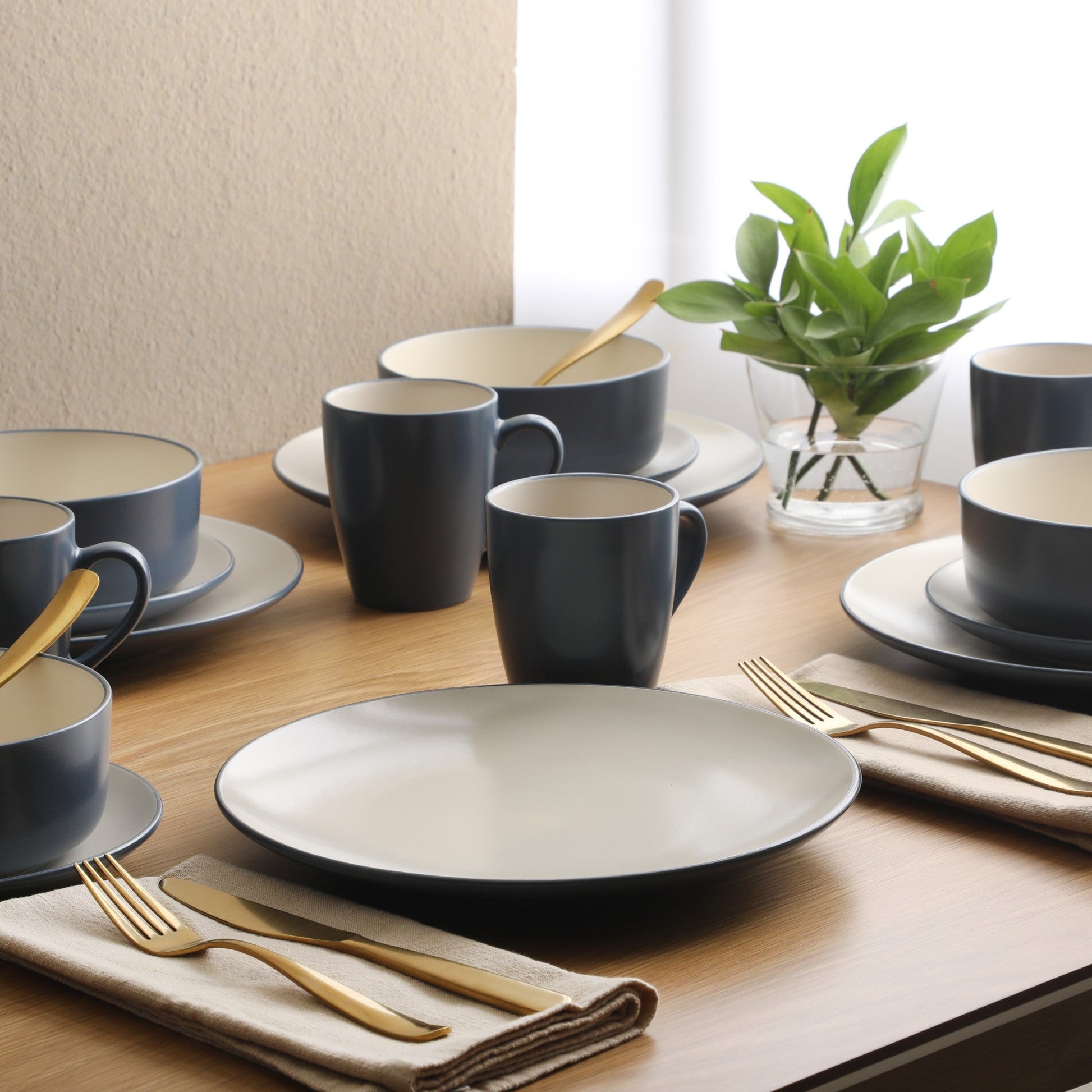Gibson Elite Oxford Blue Plates and Bowls Sets, 16 Piece Stoneware Dinnerware Sets for 4, Dinner Plates Dessert Plates Bowls Mugs