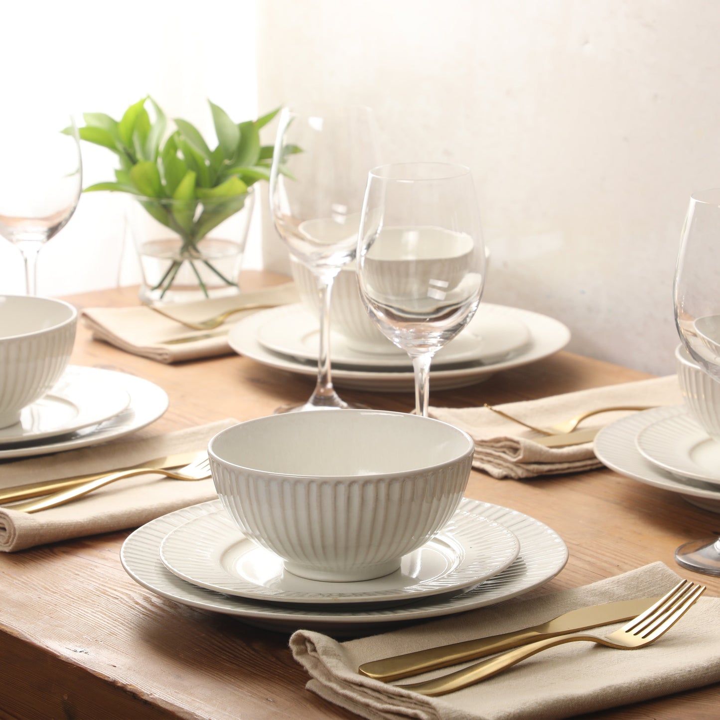 Gibson Elite Soleil 12 Piece Linen White Stoneware Dinnerware Set for 4, Plates and Bowls Set with Dinner Plates, Salad Plates and Bowls