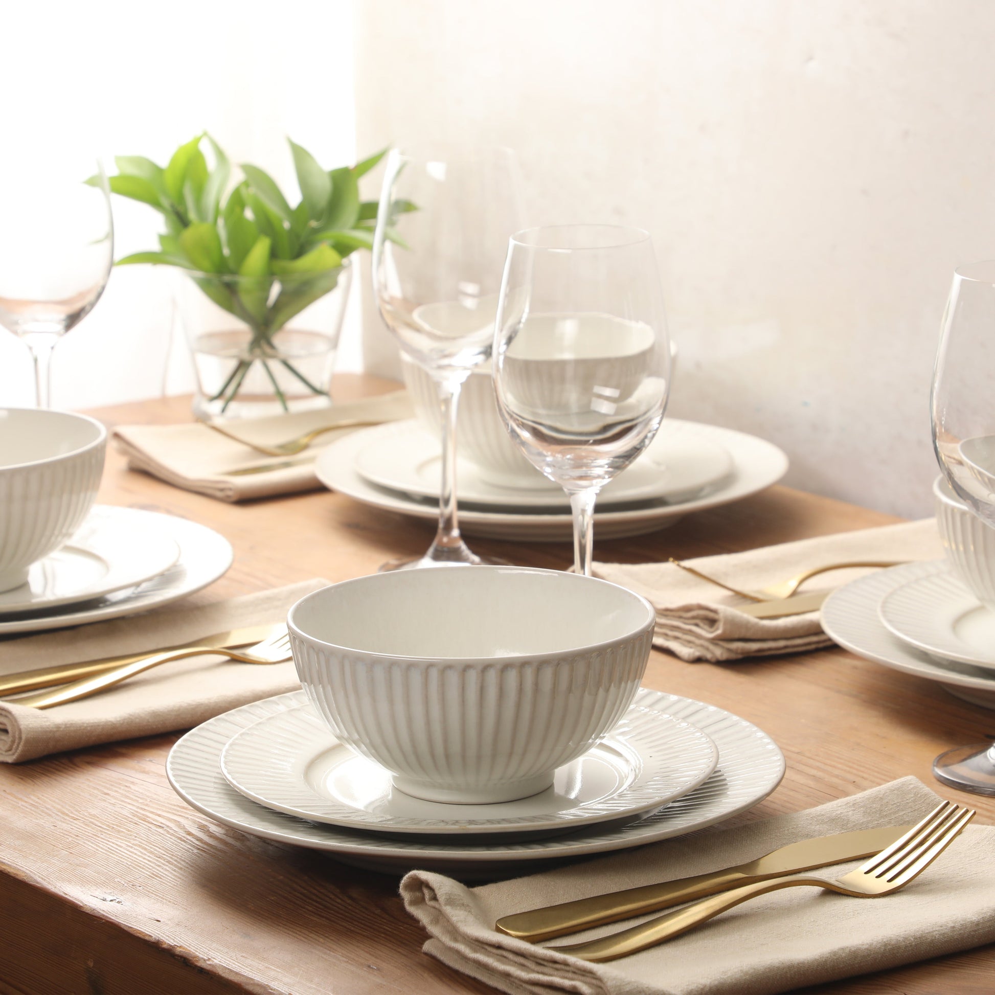 Gibson Elite Soleil 12 Piece Linen White Stoneware Dinnerware Set for 4, Plates and Bowls Set with Dinner Plates, Salad Plates and Bowls