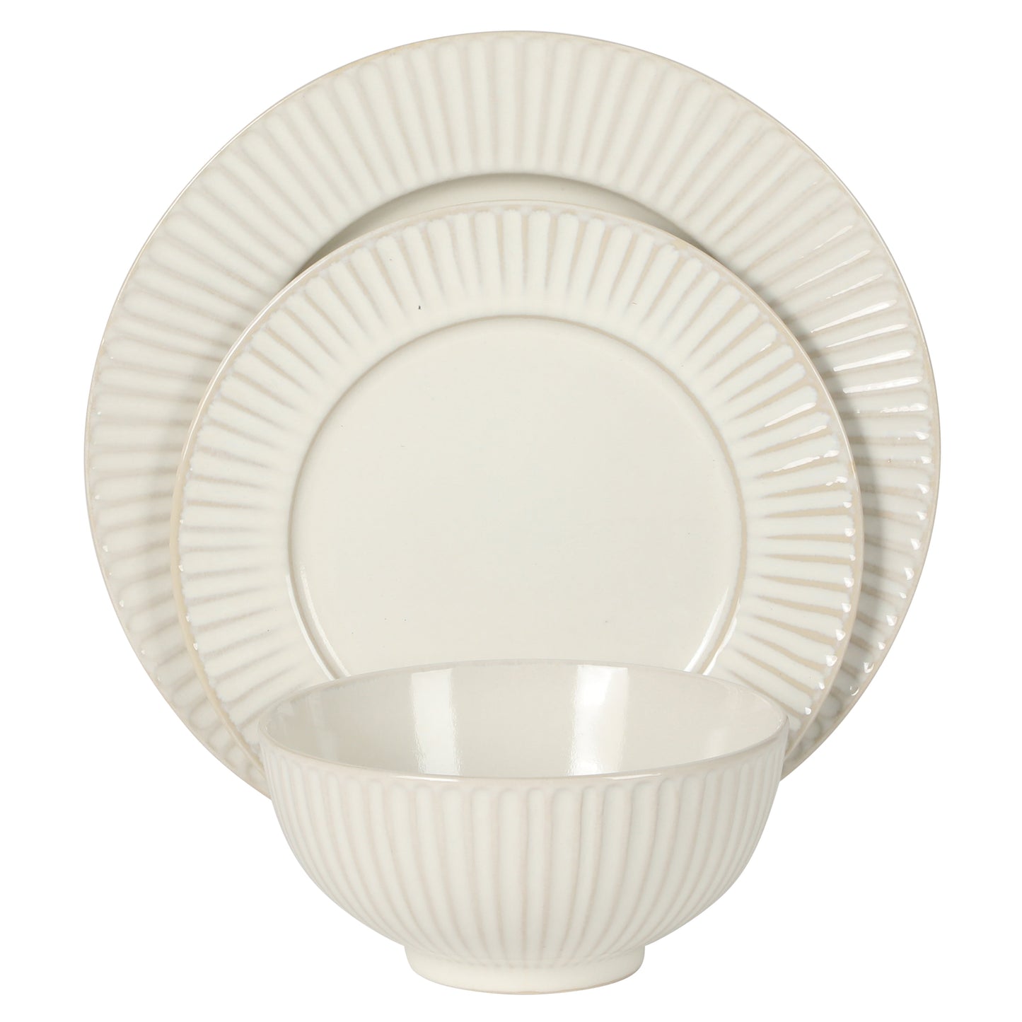 Gibson Elite Soleil 12 Piece Linen White Stoneware Dinnerware Set for 4, Plates and Bowls Set with Dinner Plates, Salad Plates and Bowls