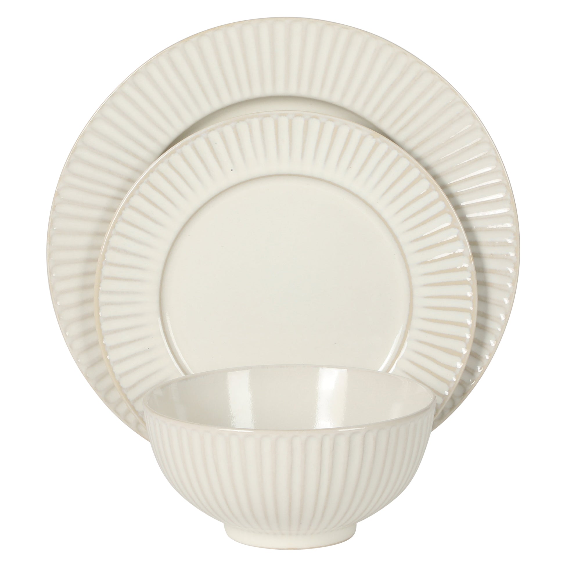 Gibson Elite Soleil 12 Piece Linen White Stoneware Dinnerware Set for 4, Plates and Bowls Set with Dinner Plates, Salad Plates and Bowls
