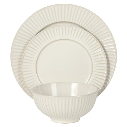 Gibson Elite Soleil 12 Piece Linen White Stoneware Dinnerware Set for 4, Plates and Bowls Set with Dinner Plates, Salad Plates and Bowls