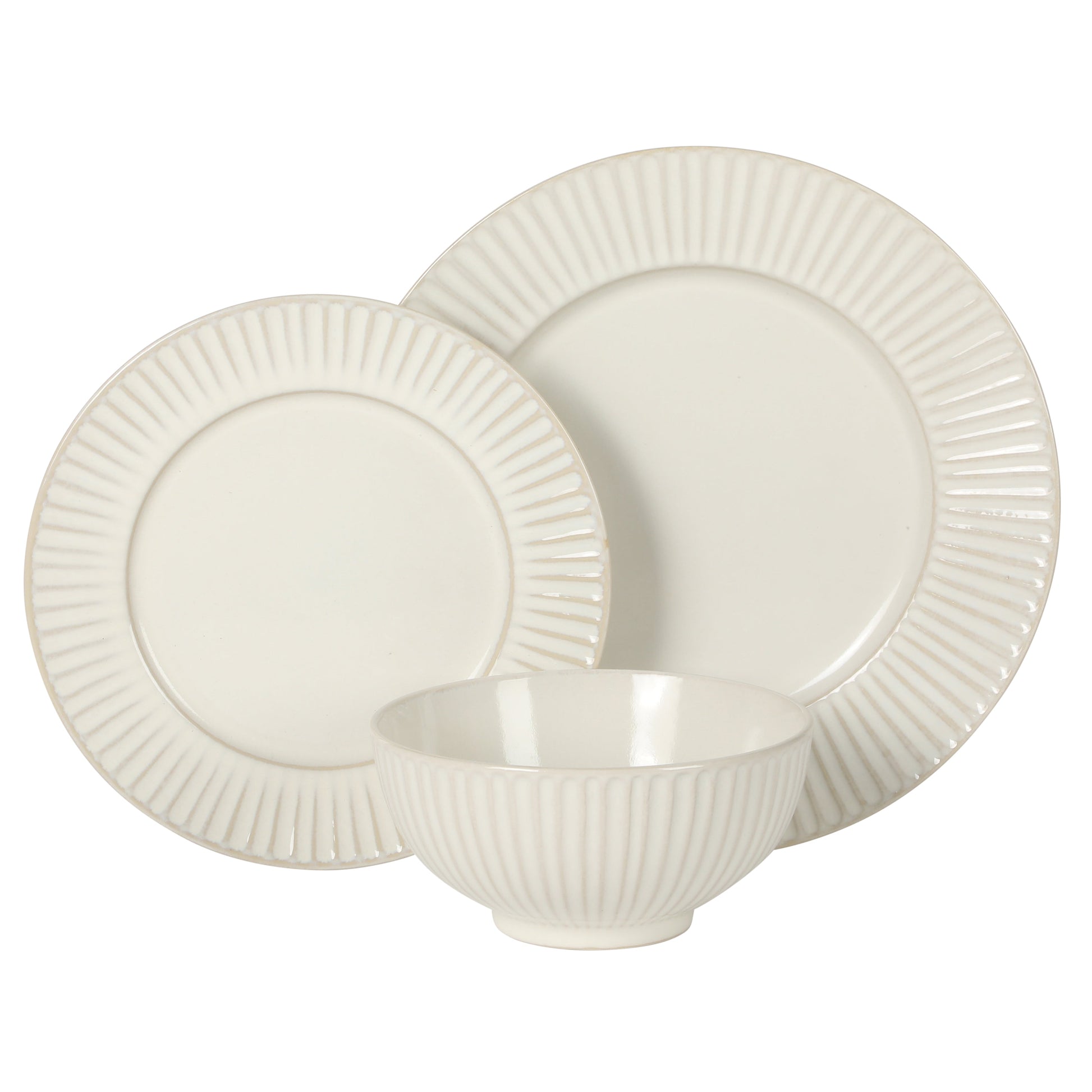 Gibson Elite Soleil 12 Piece Linen White Stoneware Dinnerware Set for 4, Plates and Bowls Set with Dinner Plates, Salad Plates and Bowls