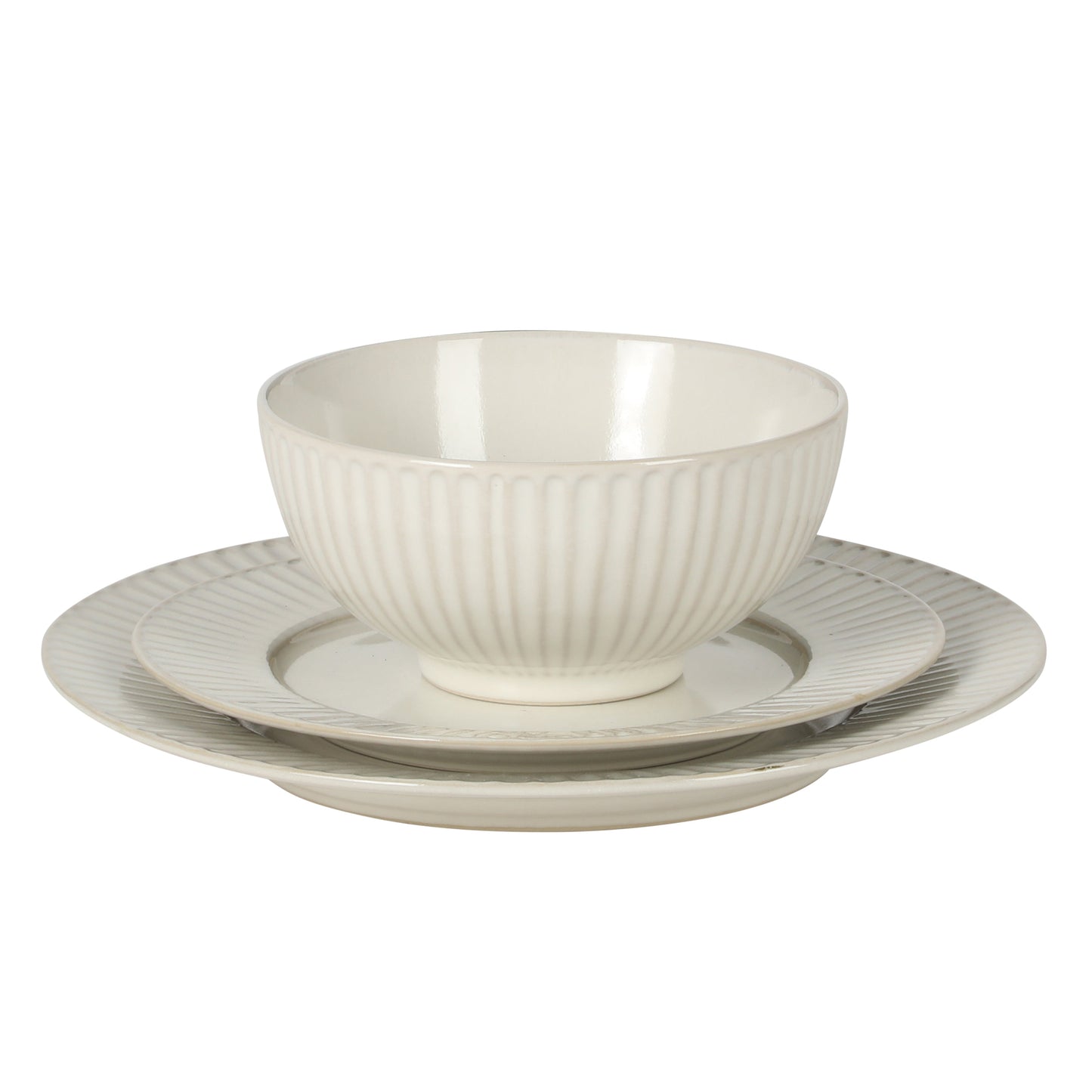 Gibson Elite Soleil 12 Piece Linen White Stoneware Dinnerware Set for 4, Plates and Bowls Set with Dinner Plates, Salad Plates and Bowls