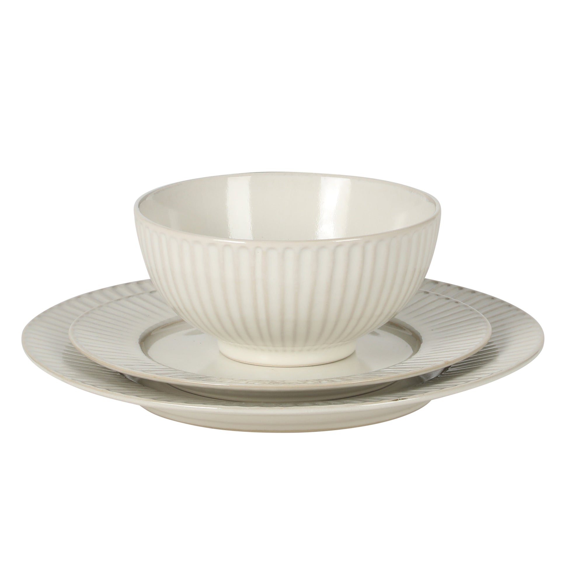 Gibson Elite Soleil 12 Piece Linen White Stoneware Dinnerware Set for 4, Plates and Bowls Set with Dinner Plates, Salad Plates and Bowls