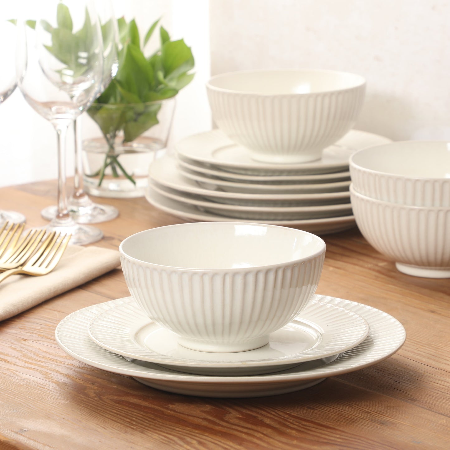 Gibson Elite Soleil 12 Piece Linen White Stoneware Dinnerware Set for 4, Plates and Bowls Set with Dinner Plates, Salad Plates and Bowls