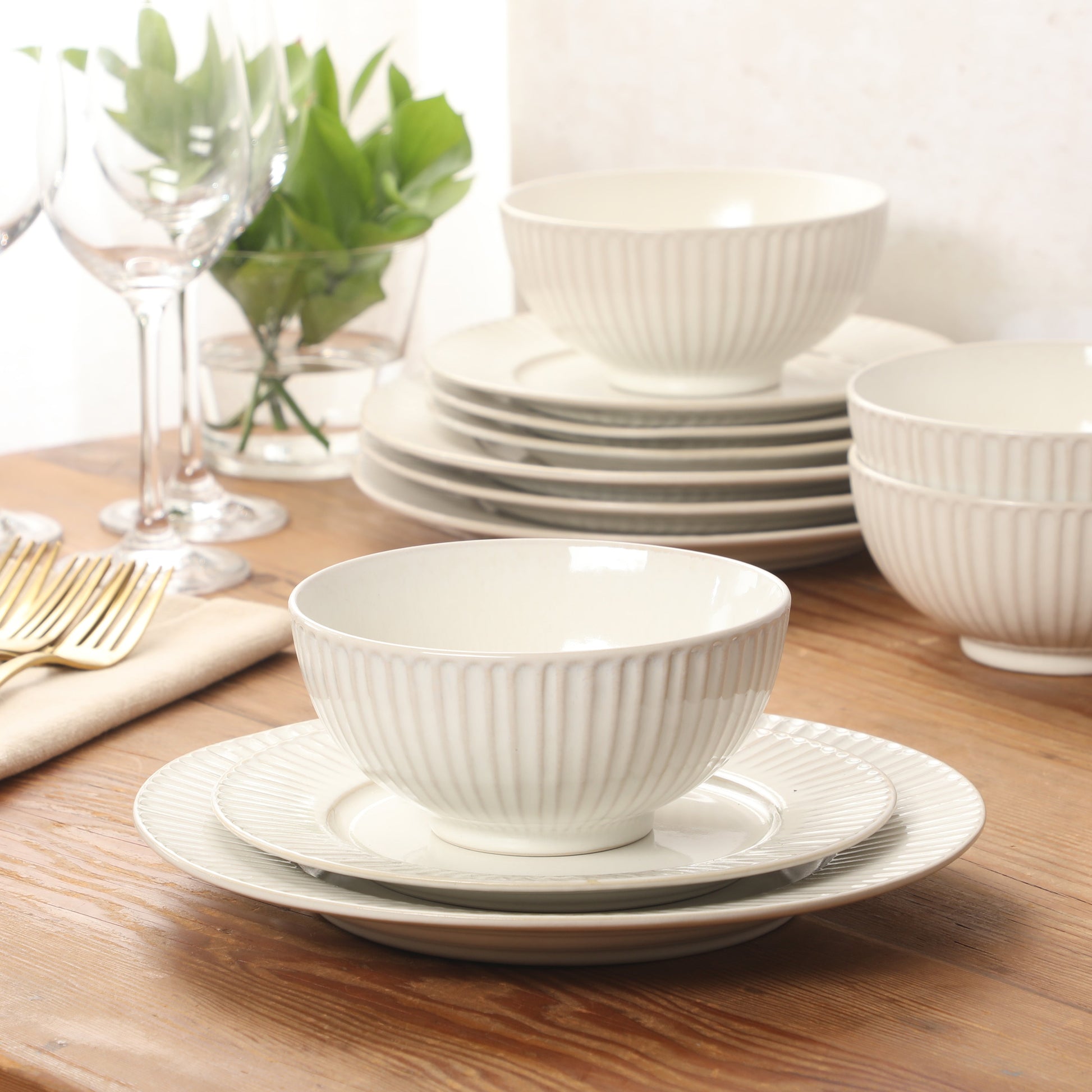 Gibson Elite Soleil 12 Piece Linen White Stoneware Dinnerware Set for 4, Plates and Bowls Set with Dinner Plates, Salad Plates and Bowls