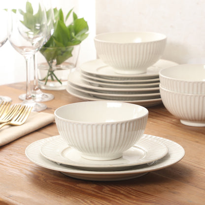Gibson Elite Soleil 12 Piece Linen White Stoneware Dinnerware Set for 4, Plates and Bowls Set with Dinner Plates, Salad Plates and Bowls