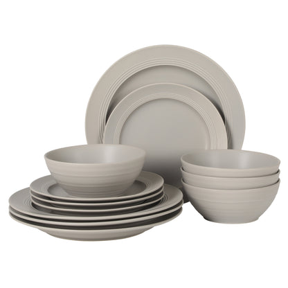 Gibson Elite Soleil 12 Piece Linen White Stoneware Dinnerware Set for 4, Plates and Bowls Set with Dinner Plates, Salad Plates and Bowls