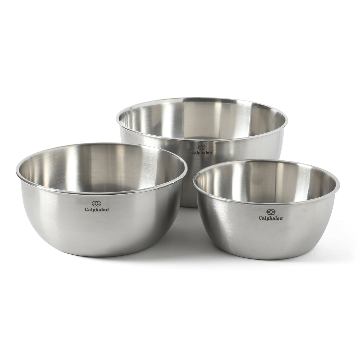 Calphalon Astro Mixing Bowls, 3-Piece Stainless Steel Mixing Bowl Set with Matte Finish, Nesting Metal Mixing Bowls for Baking and Prep, Silver