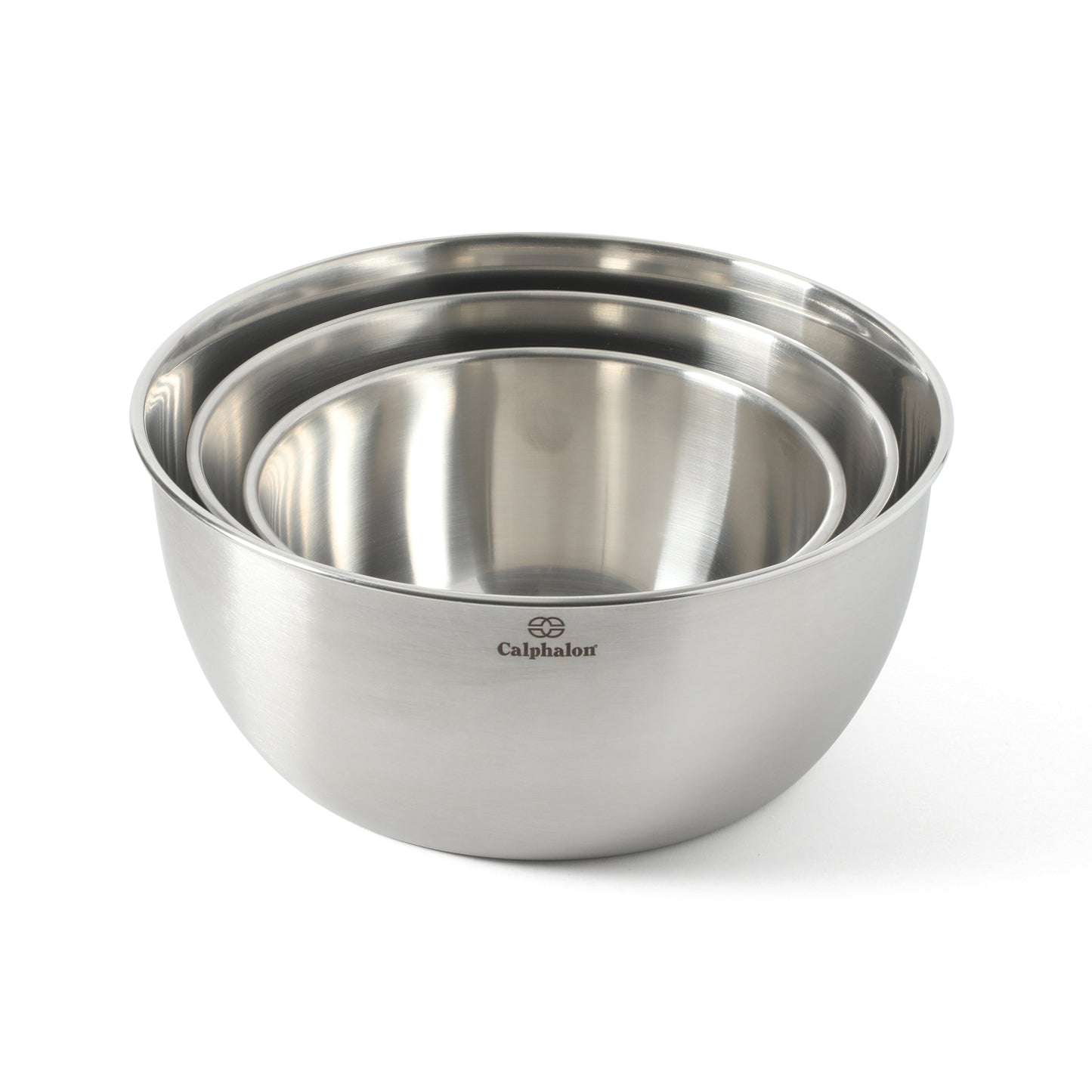 Calphalon Astro Mixing Bowls, 3-Piece Stainless Steel Mixing Bowl Set with Matte Finish, Nesting Metal Mixing Bowls for Baking and Prep, Silver