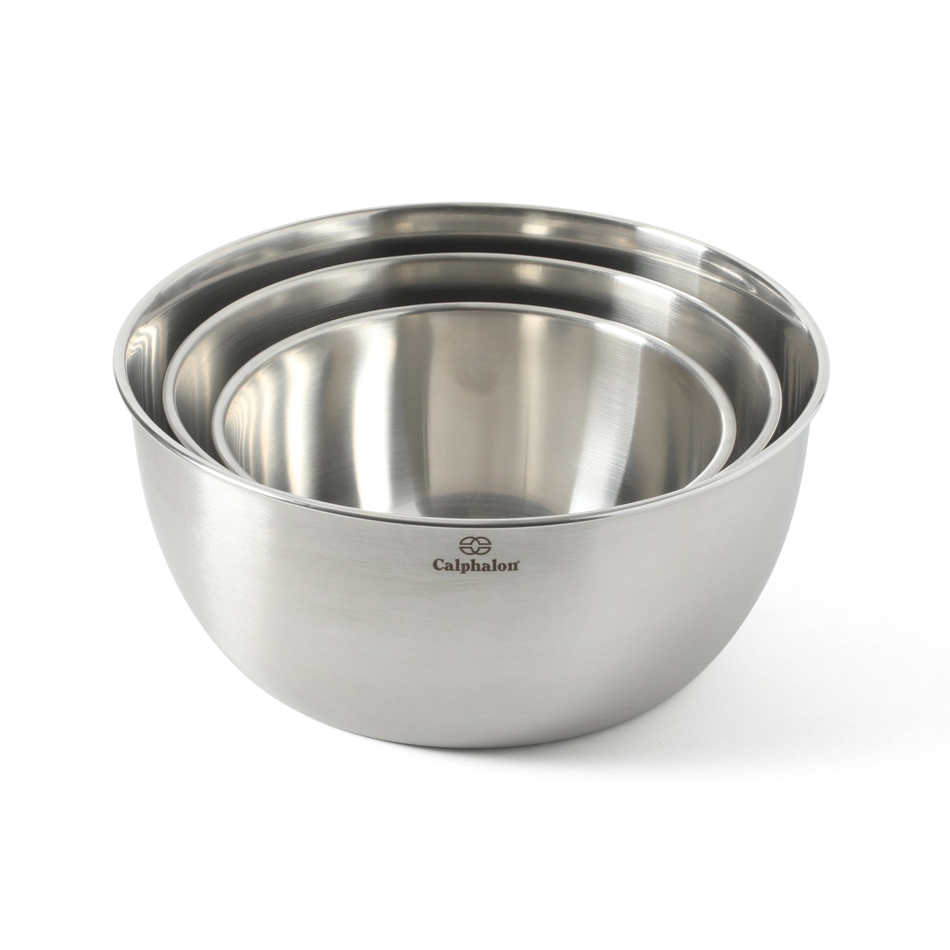 Calphalon Astro Mixing Bowls, 3-Piece Stainless Steel Mixing Bowl Set with Matte Finish, Nesting Metal Mixing Bowls for Baking and Prep, Silver
