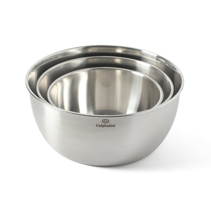 Calphalon Astro Mixing Bowls, 3-Piece Stainless Steel Mixing Bowl Set with Matte Finish, Nesting Metal Mixing Bowls for Baking and Prep, Silver