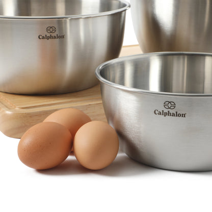 Calphalon Astro Mixing Bowls, 3-Piece Stainless Steel Mixing Bowl Set with Matte Finish, Nesting Metal Mixing Bowls for Baking and Prep, Silver