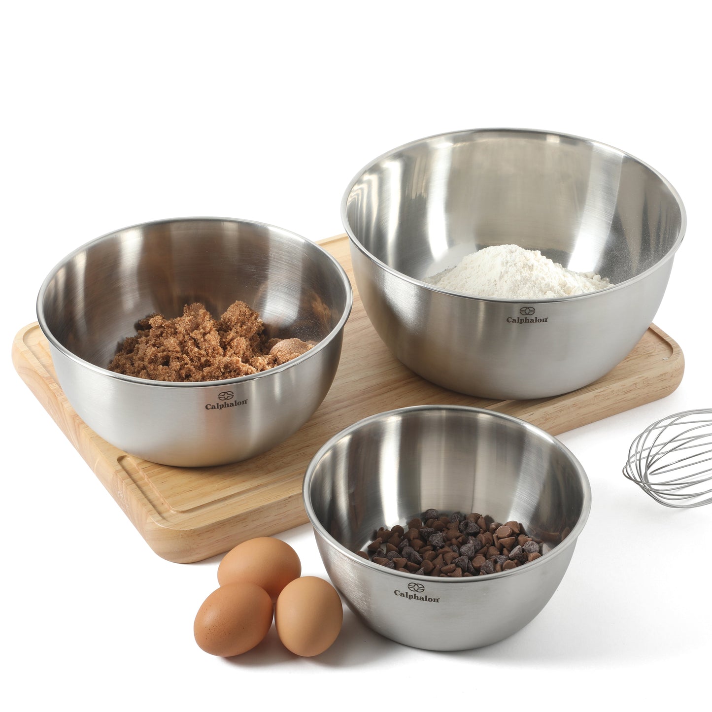 Calphalon Astro Mixing Bowls, 3-Piece Stainless Steel Mixing Bowl Set with Matte Finish, Nesting Metal Mixing Bowls for Baking and Prep, Silver