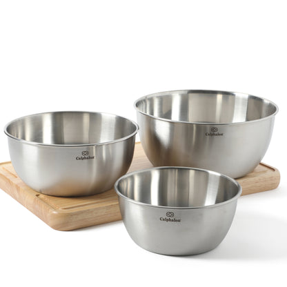 Calphalon Astro Mixing Bowls, 3-Piece Stainless Steel Mixing Bowl Set with Matte Finish, Nesting Metal Mixing Bowls for Baking and Prep, Silver