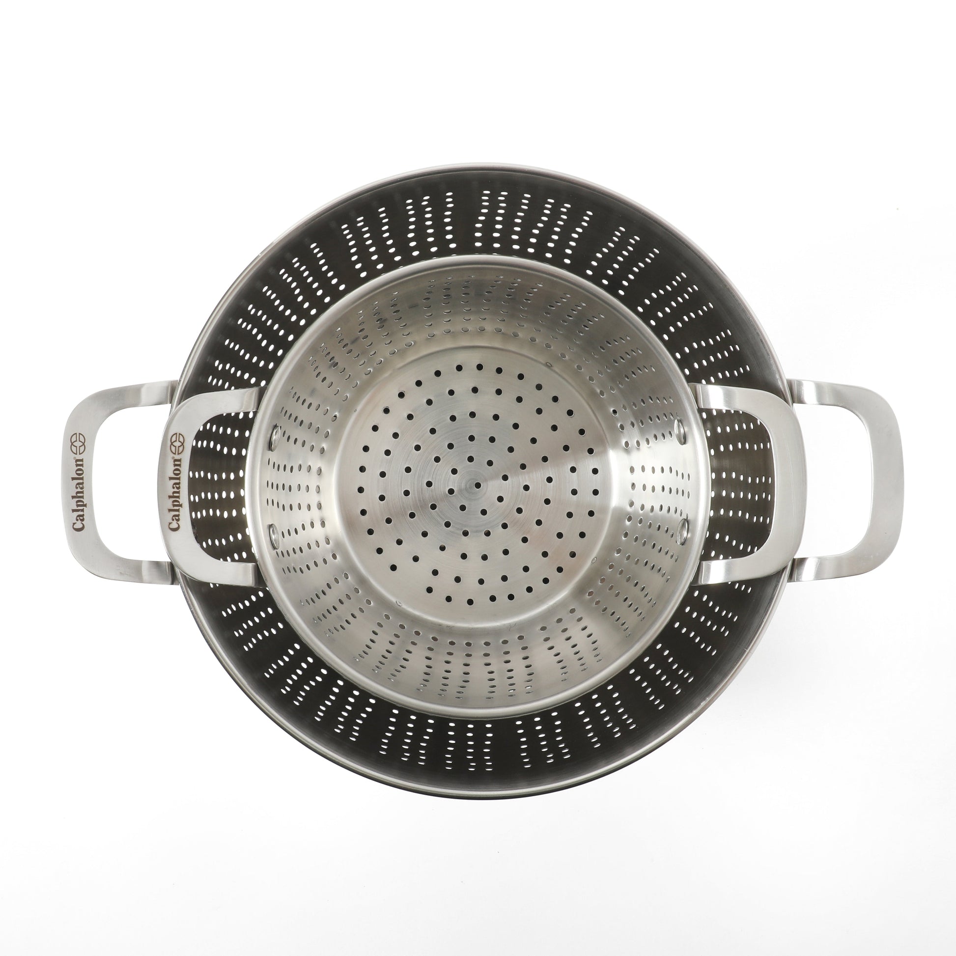 Calphalon Astro Colander Set, 2-Piece Stainless Steel Colander and Strainer, 5 QT & 1.5 QT Pasta Strainer with Handles, Kitchen Colander, Silver