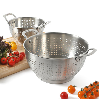 Calphalon Astro Colander Set, 2-Piece Stainless Steel Colander and Strainer, 5 QT & 1.5 QT Pasta Strainer with Handles, Kitchen Colander, Silver
