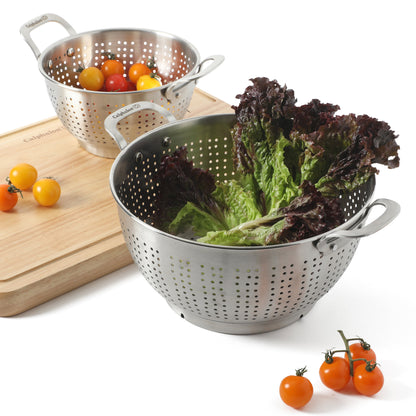Calphalon Astro Colander Set, 2-Piece Stainless Steel Colander and Strainer, 5 QT & 1.5 QT Pasta Strainer with Handles, Kitchen Colander, Silver