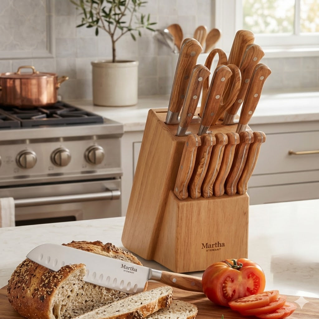 Martha Stewart 15 Piece Austenwood German Stainless Steel Cutlery Kitchen Knife Block Set W/ Italian Olive Wood Forged Handle & Wood Block