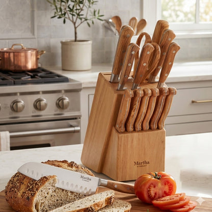 Martha Stewart 15 Piece Austenwood German Stainless Steel Cutlery Kitchen Knife Block Set W/ Italian Olive Wood Forged Handle & Wood Block
