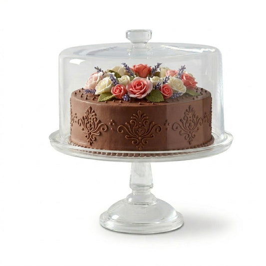 Martha Stewart Watercrest Glass Cake Stand with Dome, 10.2 Inch Clear Footed Pedestal Cake Stand with Glass Lid Cover, Handmade Glassware