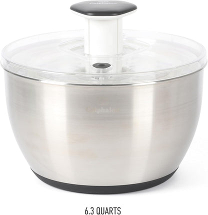 Calphalon Aero 6.3 Qt Stainless Steel Salad Spinner, Fruit Washer, Fruit Washing Bowl with Strainer, Vegetable Cleaner, Salad Cleaner, Lettuce Washer