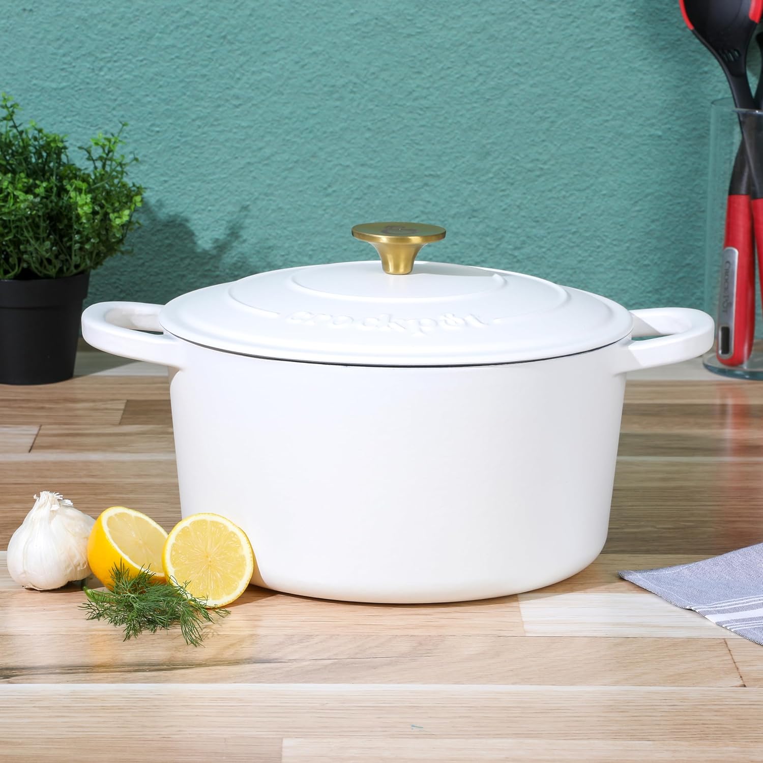 Crock Pot Artisan 6-Quart Round Dutch Oven - Matte Linen White w/Gold Knob, Gradient Red, or Teal Ombre
