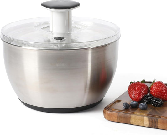 Calphalon Aero 6.3 Qt Stainless Steel Salad Spinner, Fruit Washer, Fruit Washing Bowl with Strainer, Vegetable Cleaner, Salad Cleaner, Lettuce Washer