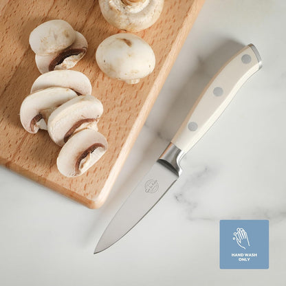 Sur La Table Kitchen Essentials Tasting Kitchen German Steel Paring Knife, 3.5-Inch Stainless Steel Blade – Professional Kitchen Knife with White Handle and Forged Full Tang