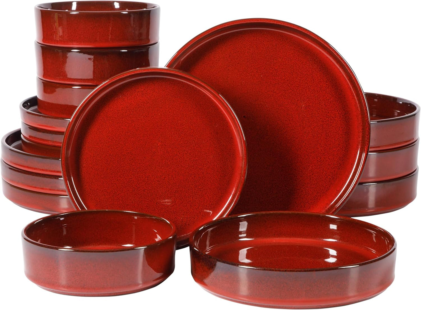 Bloomhouse Santorini Mist 16 Piece Double Bowl Terracotta Reactive Glaze Plates and Bowls Dinnerware Set - Moonstone White, Amber, Garnet Red, or Jade