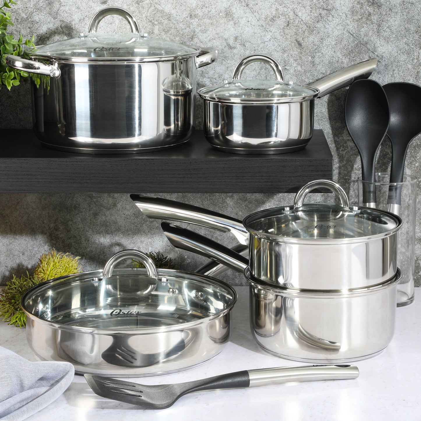 Oster Sangerfield 12-Piece Stainless Steel Cookware Set w/ Kitchen Tools