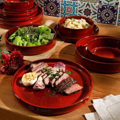 Bloomhouse Santorini Mist 16 Piece Double Bowl Terracotta Reactive Glaze Plates and Bowls Dinnerware Set - Moonstone White, Amber, Garnet Red, or Jade