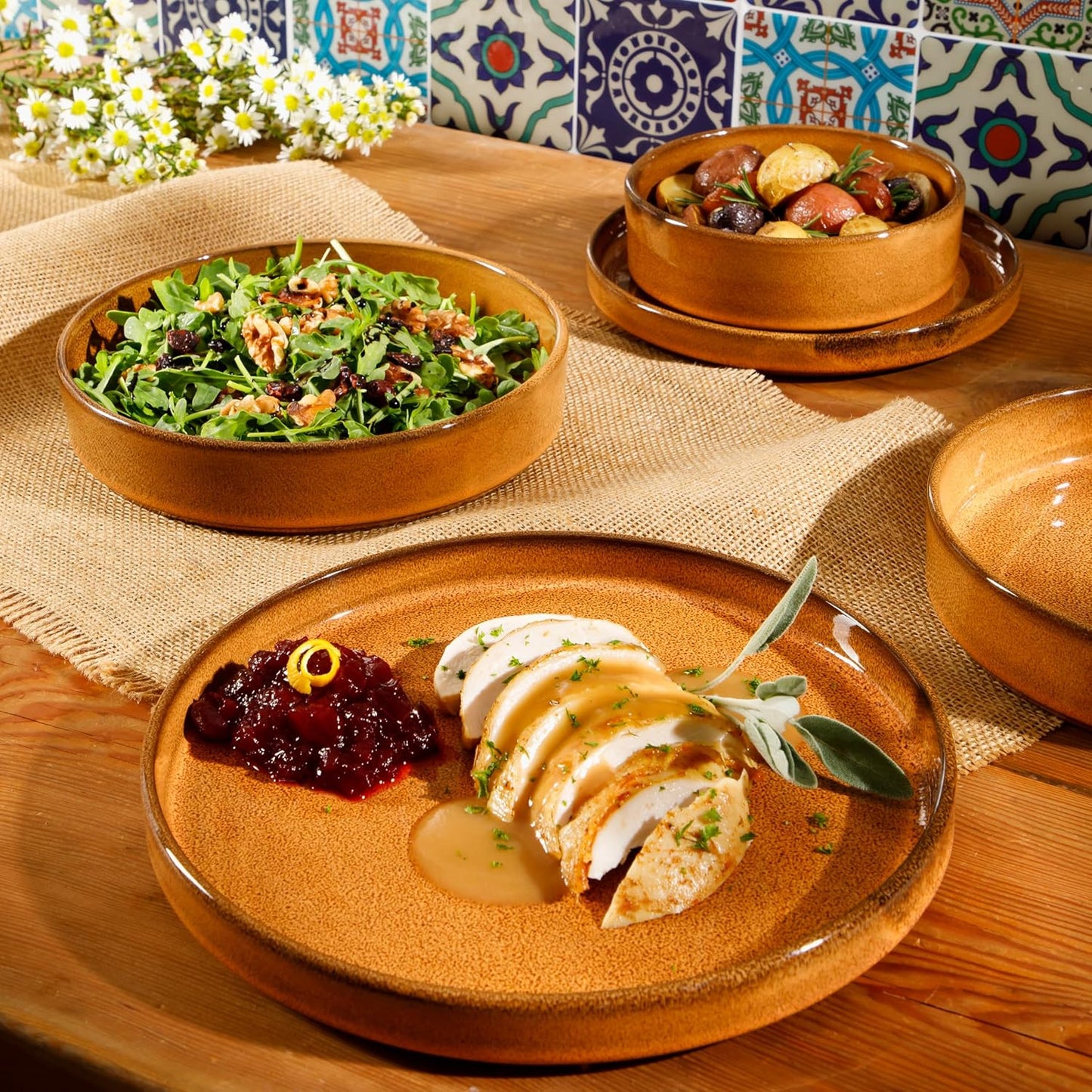 Bloomhouse Santorini Mist 16 Piece Double Bowl Terracotta Reactive Glaze Plates and Bowls Dinnerware Set - Moonstone White, Amber, Garnet Red, or Jade