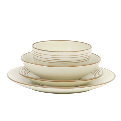 Gibson Home Chiswick House 16-Piece Stoneware Dinnerware Set, Round Plates and Bowls Set for 4, White with Wax Relief Embossed Rim Detail, Dishwasher Safe – Dinner Plate, Salad Plate & Cereal Bowl