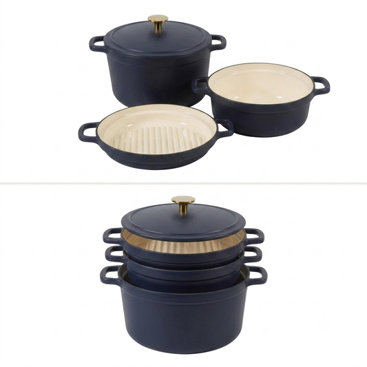 Sur La Table Kitchen Essentials 4-Piece Enameled Cast Iron Stackable Cookware Set, 5.3 Qt Dutch Oven with Lid, Braiser & Grill Pan, Navy Blue, Gold Knob Oven Safe to 500°F, Induction Compatible