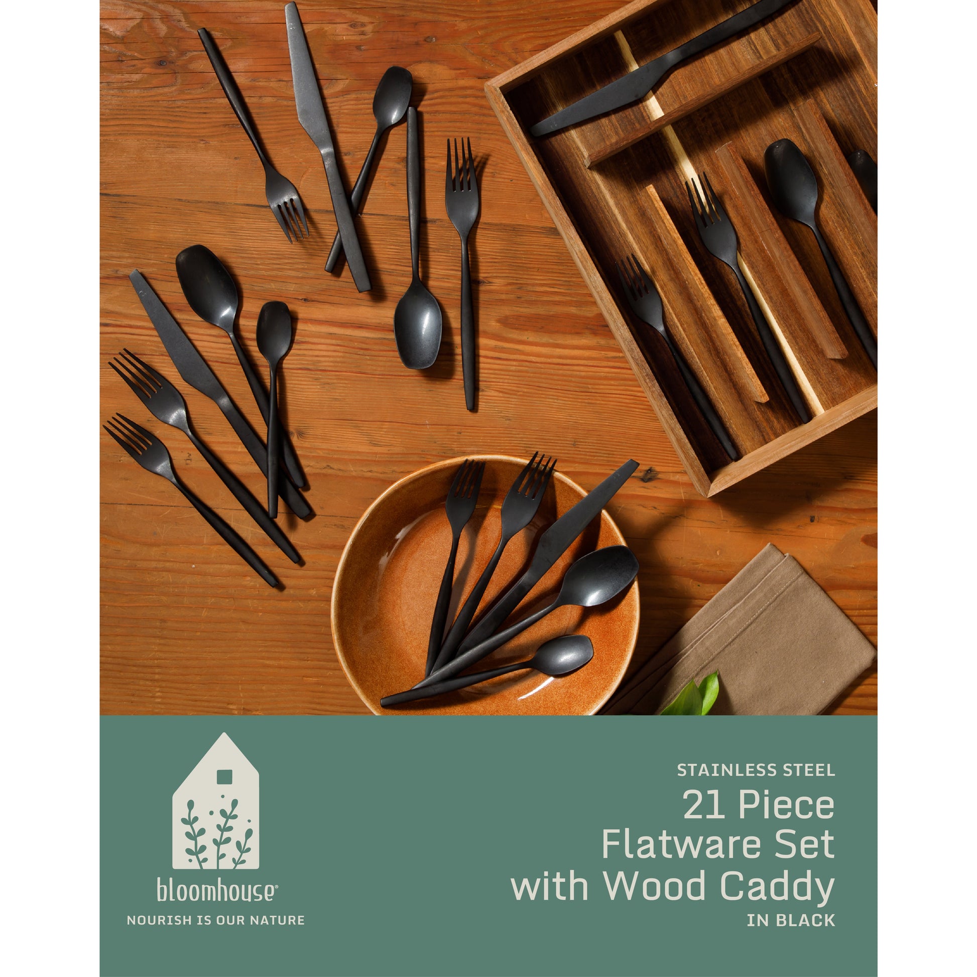 Bloomhouse 20 Piece Stone Washed Flatware 18/10 Stainless Steel Silverware Cutlery Utensil Set With Acacia Wood Caddy - Service for 4